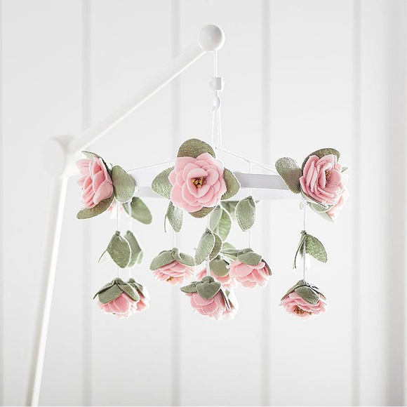 Pottery Barn Floral Felted Pink Roses Musical Baby Crib Mobile and Mobile Arm - Picture 1 of 4